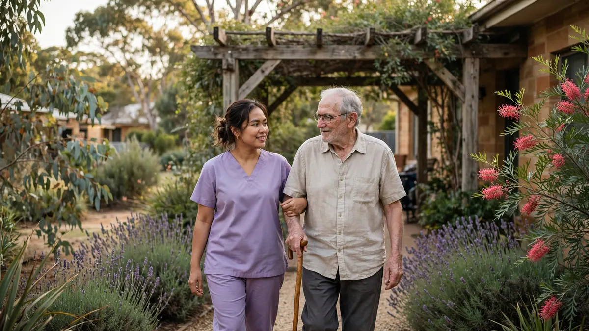 An aged care worker in lilac scrubs walks arm in arm with an older man with a cane through a garden