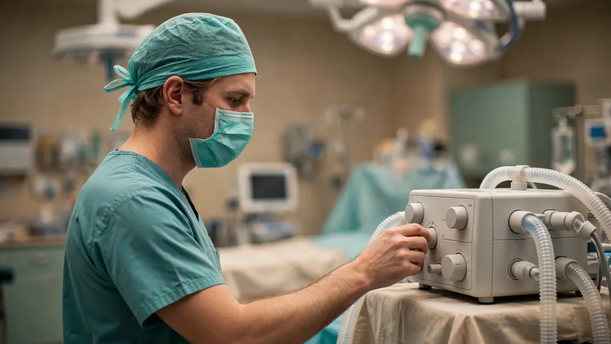 An anaesthetist in teal scrubs, cap and mask adjusts the dials of a machine in an operating theatre