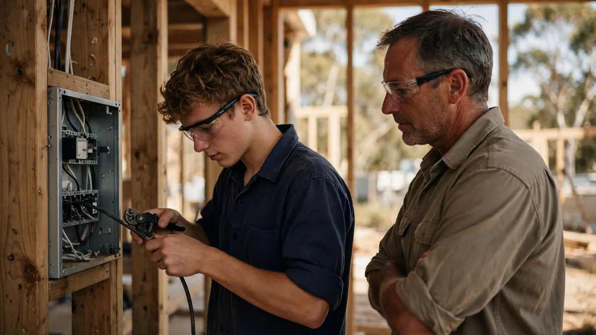 A young apprentice electrician strips a cable at a switchboard while his supervisor watches on a building site