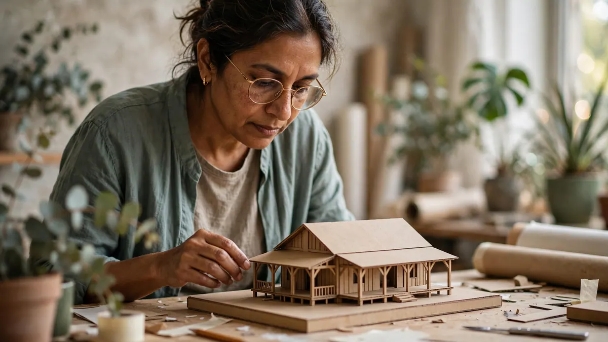 An architect in round glasses studies a card scale model of a house with a wide veranda