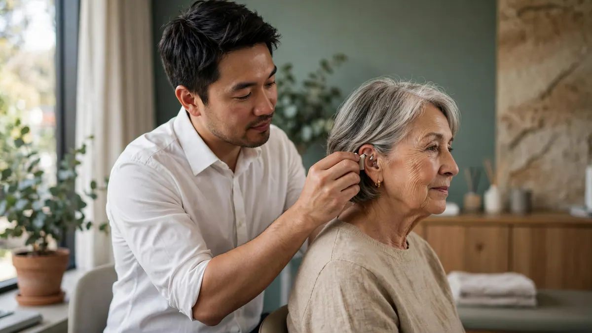 An audiologist in a white shirt fits a hearing aid behind the ear of an older woman in a clinic