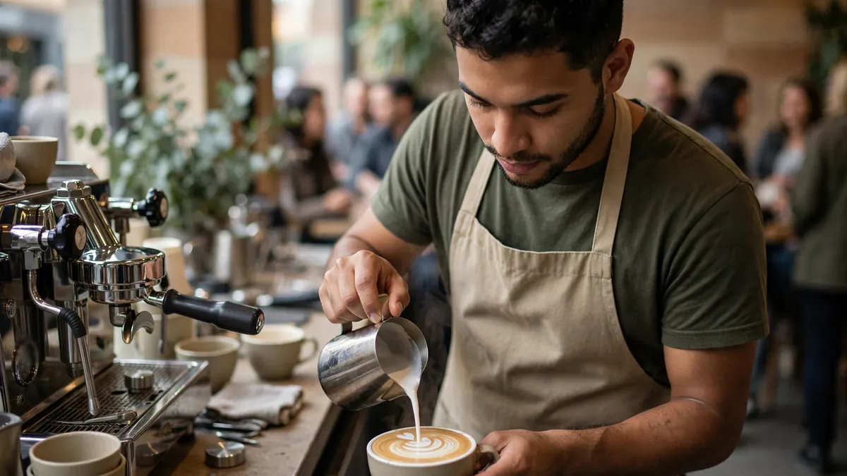 A barista in a canvas apron pours latte art into a cup beside a chrome espresso machine