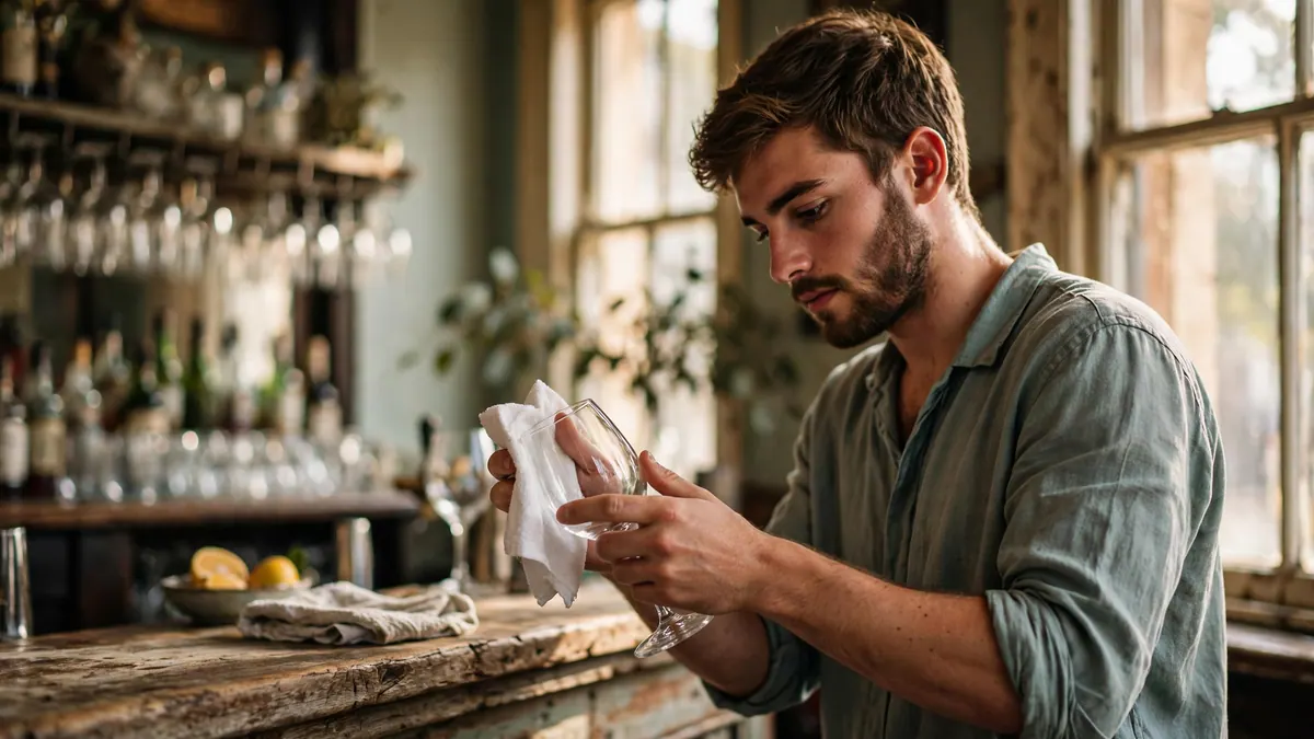 A bearded bartender polishes a wine glass behind the worn timber bar of an old pub