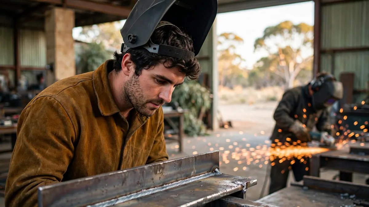 A boilermaker in a leather jacket checks a weld on a steel beam while sparks fly from a grinder behind him