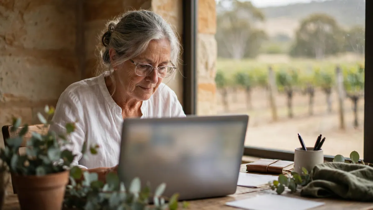 A grey-haired bookkeeper in glasses works on a laptop by a window looking out over vineyard rows