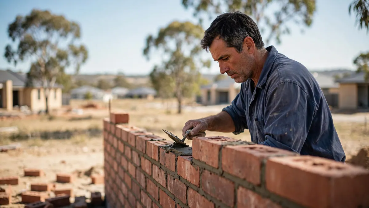 A bricklayer in a navy work shirt spreads mortar with a trowel on a red brick wall at a new housing estate