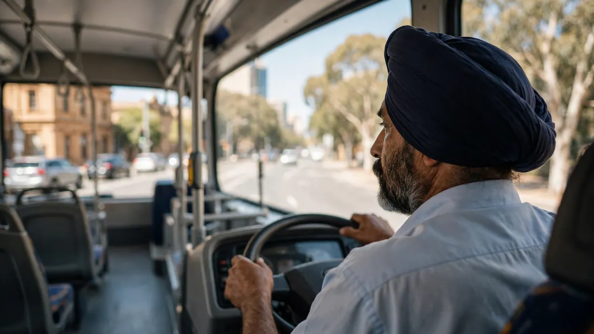 A bus driver in a navy turban steers a city bus down a sunny tree-lined street, seen from behind