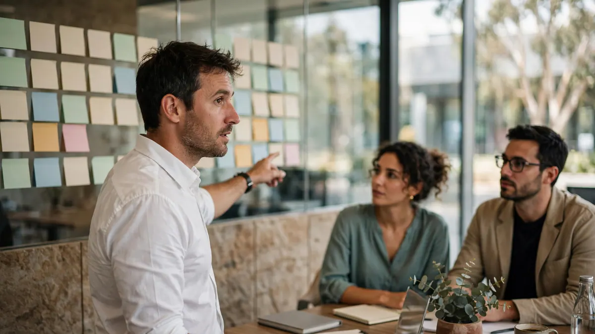 A business analyst points to a wall of coloured sticky notes as two colleagues listen at a table