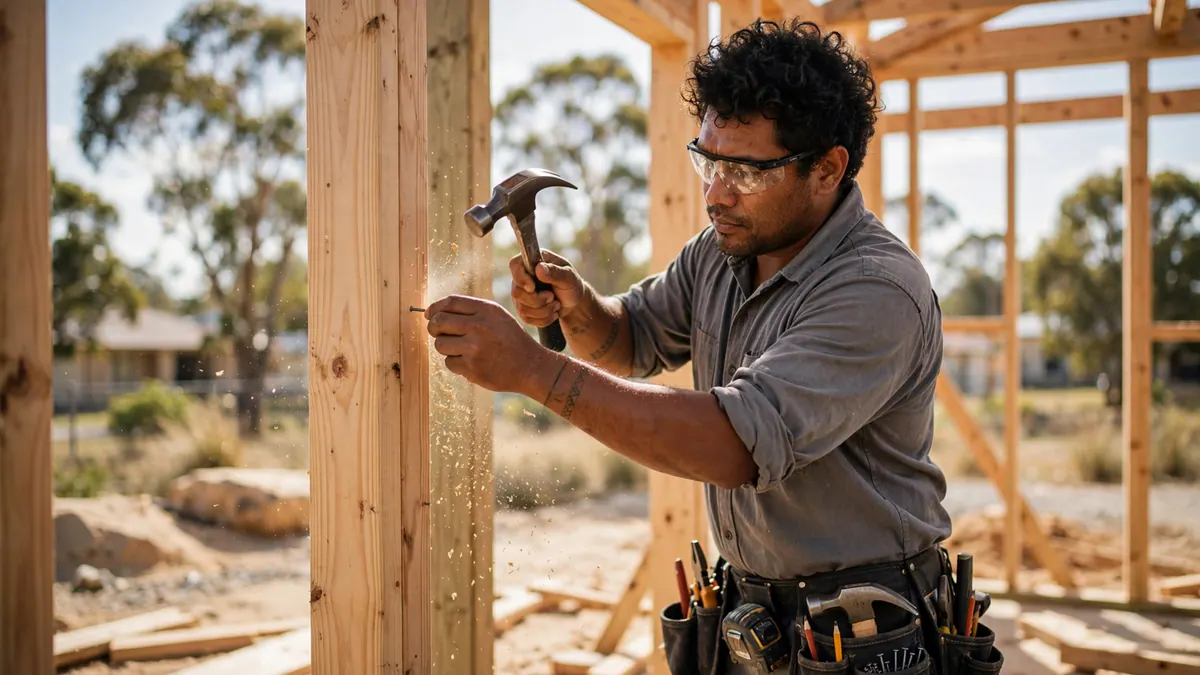 A carpenter in safety glasses hammers a nail into a pine stud on a house-frame building site