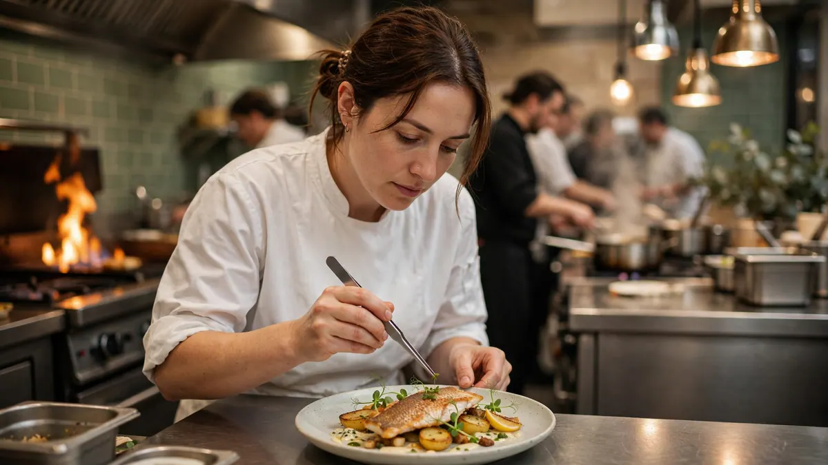 A chef in a white jacket plates barramundi with tweezers as flames rise from the grill behind her
