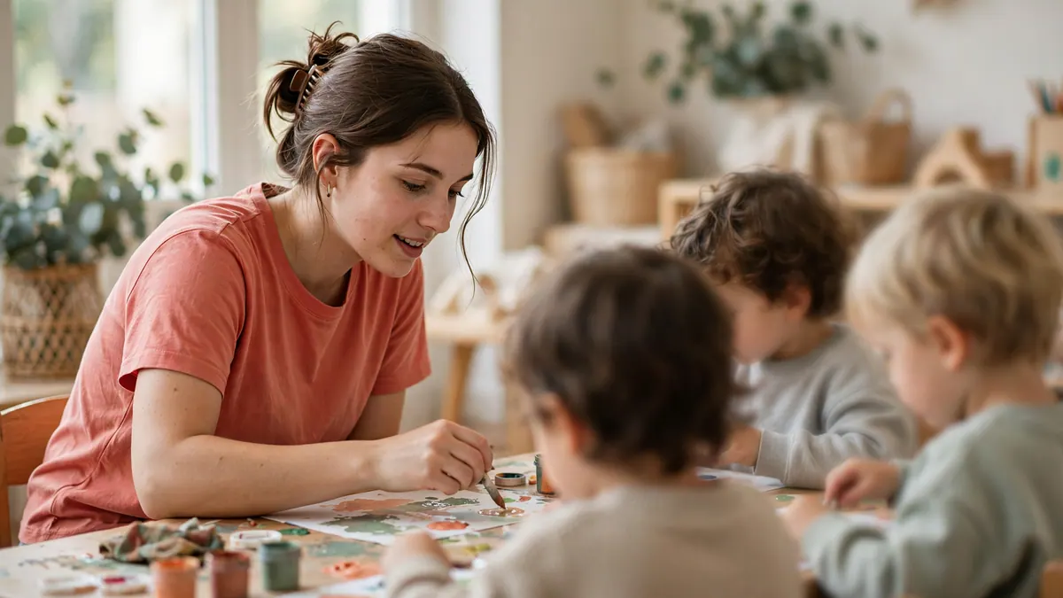 An early childhood educator in a coral T-shirt paints with small children at a low table