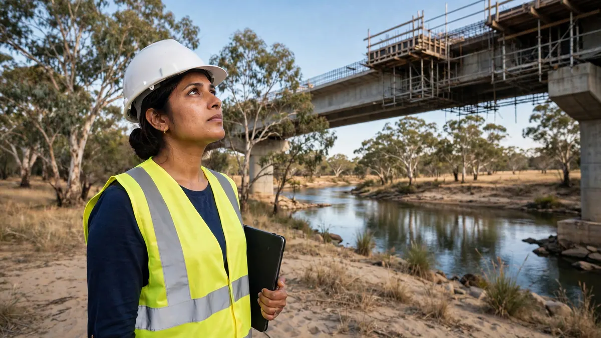 A civil engineer in a hi-vis vest and hard hat looks up at a concrete bridge being built over a river