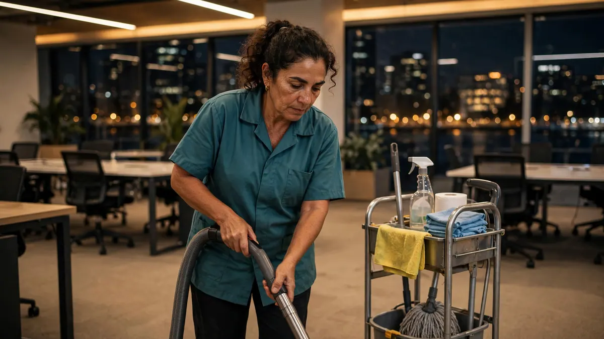 A cleaner in a teal tunic vacuums an empty office at night beside a cleaning trolley