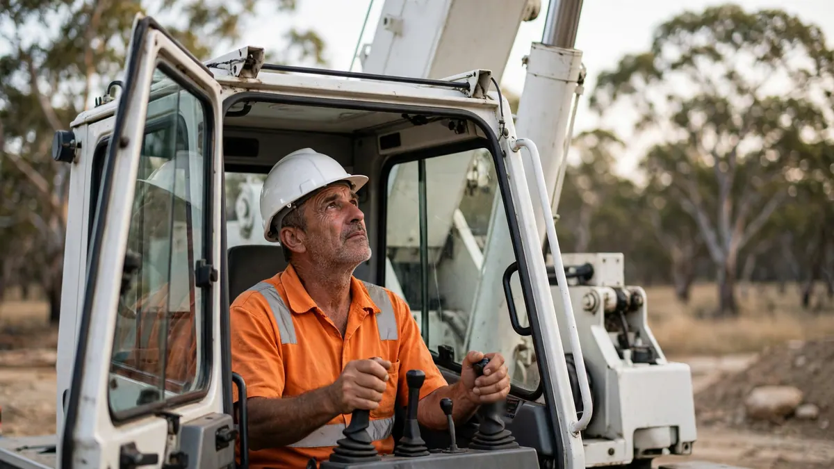 A crane operator in a white hard hat works the control levers in his cab, looking up at the load