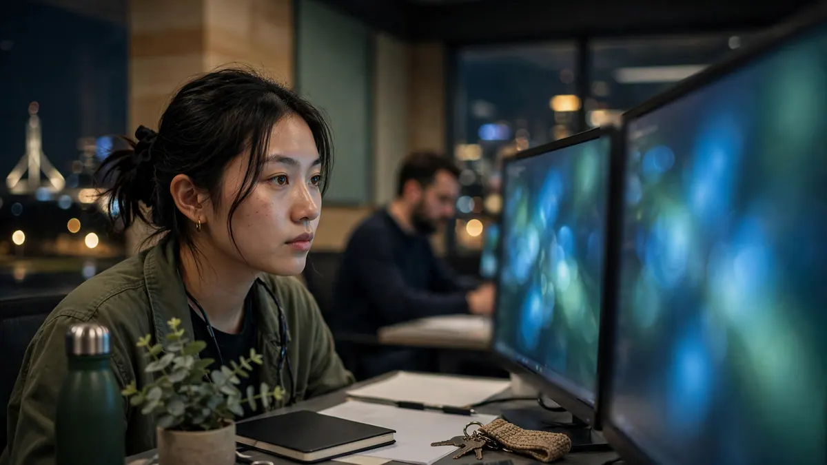 A cyber security analyst studies two glowing monitors in a dim office with city lights behind