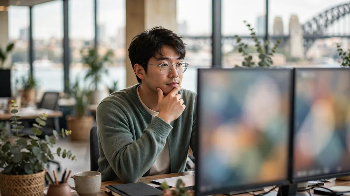 A young man in round glasses studies two monitors at a desk with a harbour view behind him