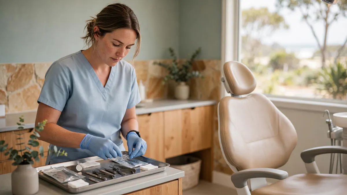 A dental assistant in pale blue scrubs lays out sterilised instruments on a tray beside a dental chair