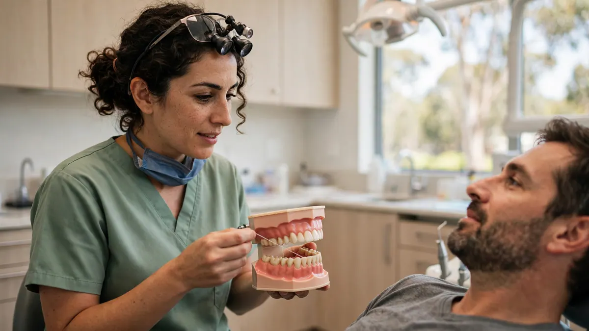 A dental hygienist in green scrubs shows a patient how to floss using a model of teeth