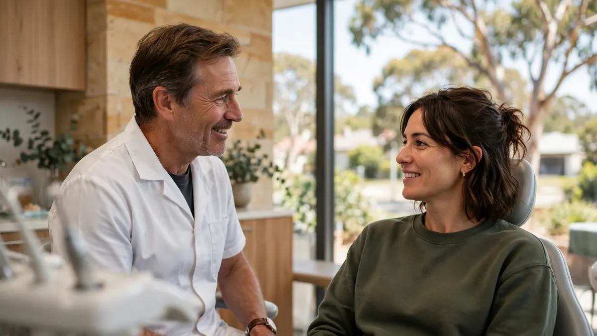 A dentist in a white tunic chats and smiles with a patient sitting up in the dental chair