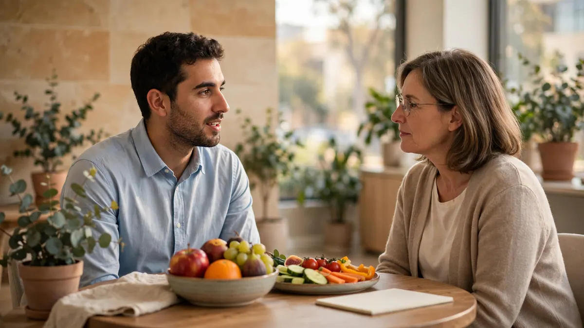 A dietitian talks with a client at a round table set with a bowl of fruit and a plate of vegetables