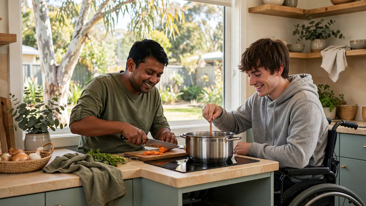 A support worker chops carrots while a young man in a wheelchair stirs a pot at a low kitchen bench