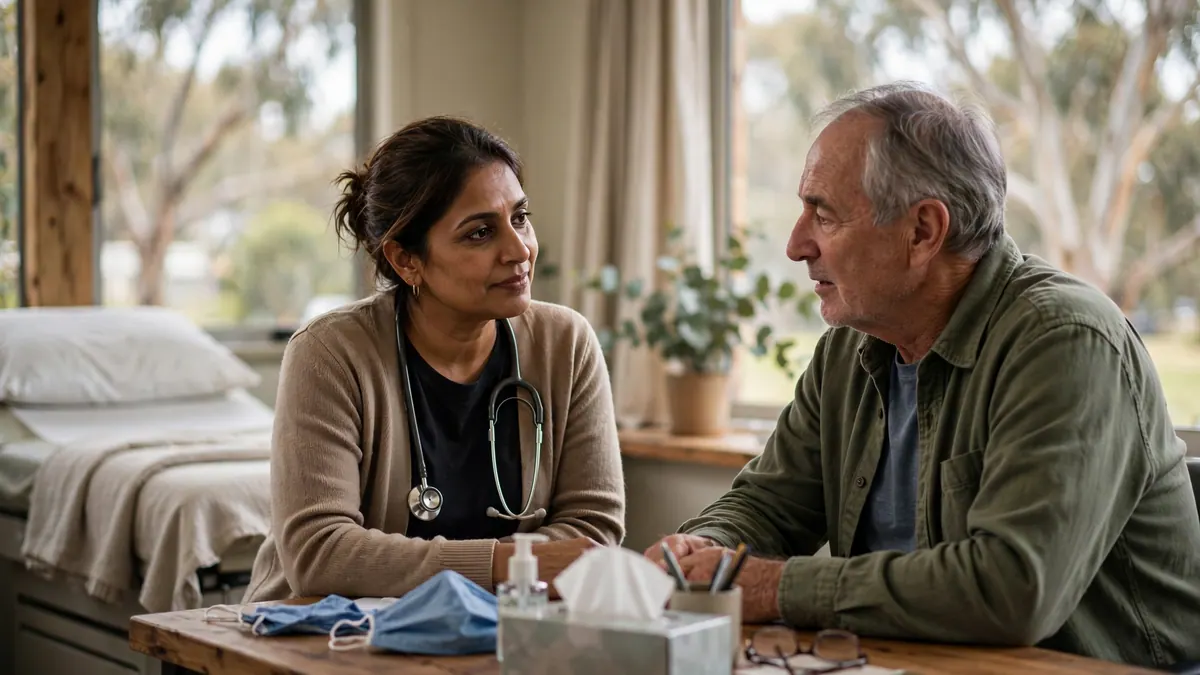A doctor with a stethoscope listens to an older man across a desk in a calm consulting room
