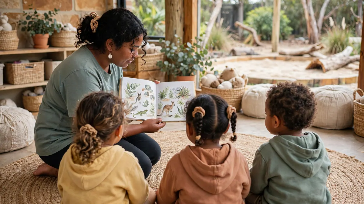 An early childhood teacher shows a picture book of Australian animals to three preschoolers on a rug