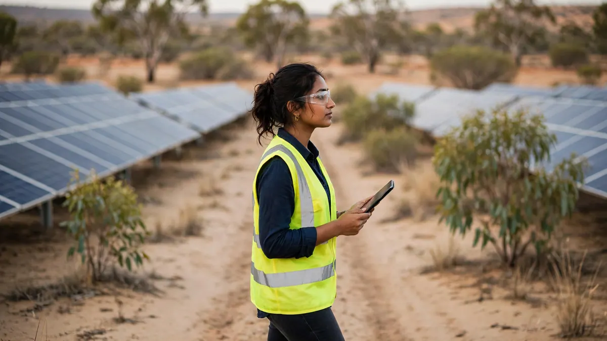 An engineer in a hi-vis vest and safety glasses holds a tablet between rows of solar panels in the outback