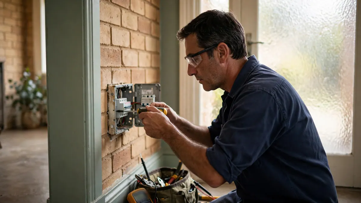 An electrician in safety glasses works on a switchboard set into a brick wall, tool bag at his knees