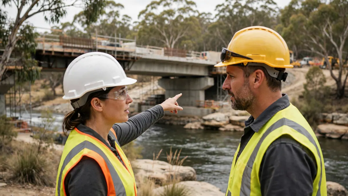 A civil engineer in a white hard hat points out a new river bridge to a site supervisor