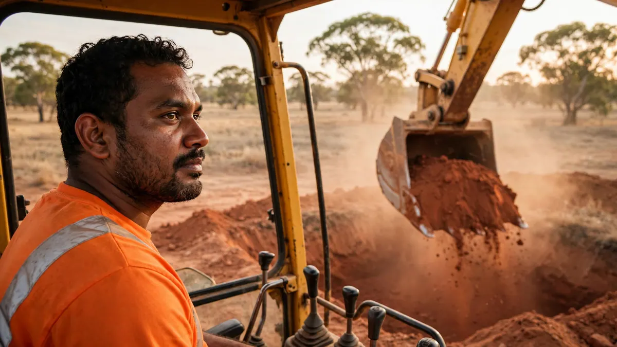 An excavator operator in an orange hi-vis shirt watches the bucket lift red earth from a trench