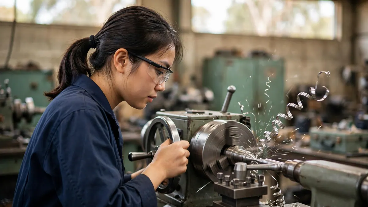 A machinist in safety glasses turns a steel shaft on a lathe as metal shavings curl away