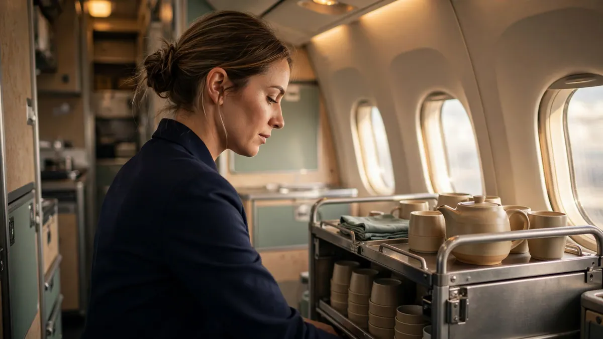 A flight attendant in a navy uniform sets up a galley trolley with cups and a teapot by the cabin windows