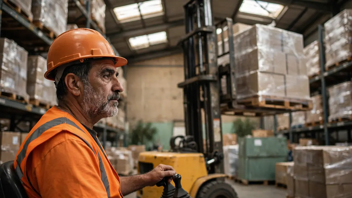 A forklift operator in an orange hard hat and hi-vis vest works the controls in a busy warehouse