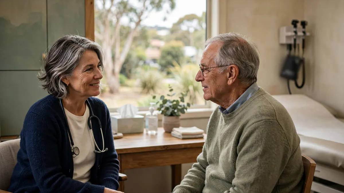 A GP with a stethoscope chats with an older man in a consulting room overlooking a garden