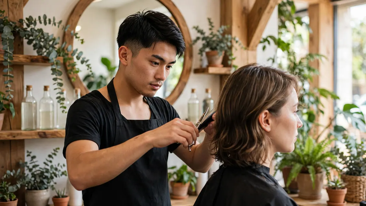 A hairdresser in a black apron trims a client's shoulder-length hair in a plant-filled salon