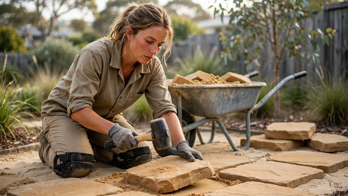 A landscaper in knee pads and gloves taps a sandstone paver into place with a rubber mallet