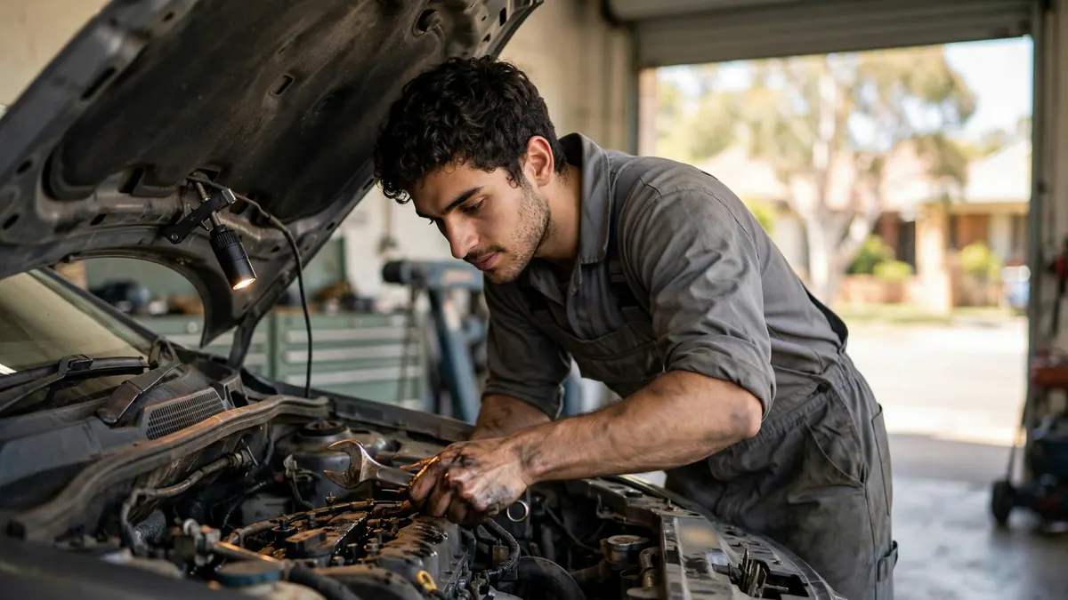 A mechanic in grey overalls works on an engine with a spanner under a raised bonnet in a suburban garage