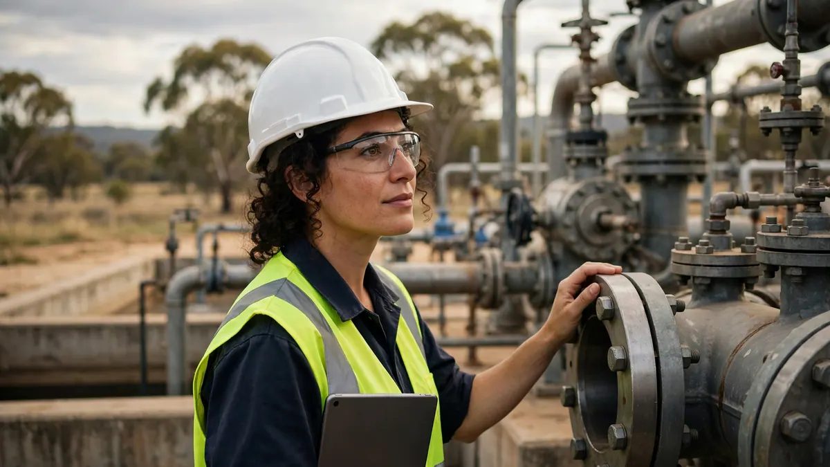 An engineer in a hard hat and hi-vis vest rests a hand on a pipe flange at a water treatment plant