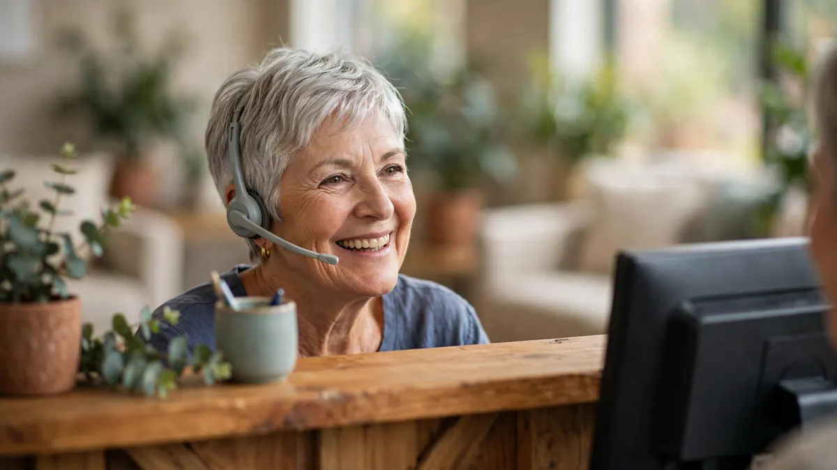 A smiling receptionist with a headset greets a patient over a timber clinic front desk