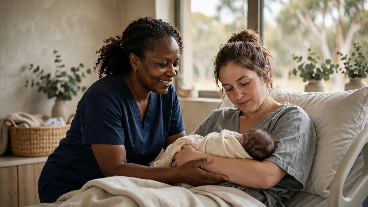 A smiling midwife in navy scrubs helps a new mother cradle her swaddled newborn in a hospital bed