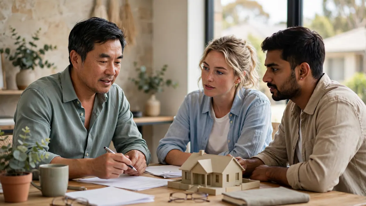 A broker with a pen talks a young couple through paperwork beside a small model house