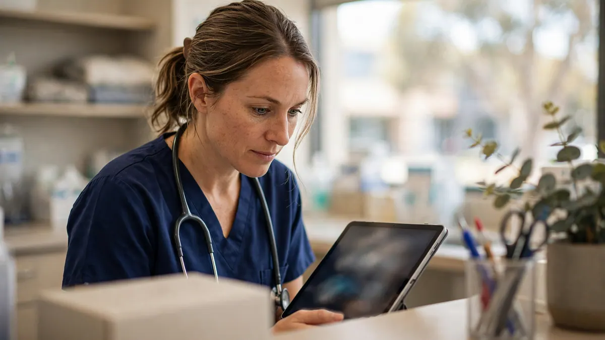 A nurse in navy scrubs reads a tablet at a ward desk beside a window