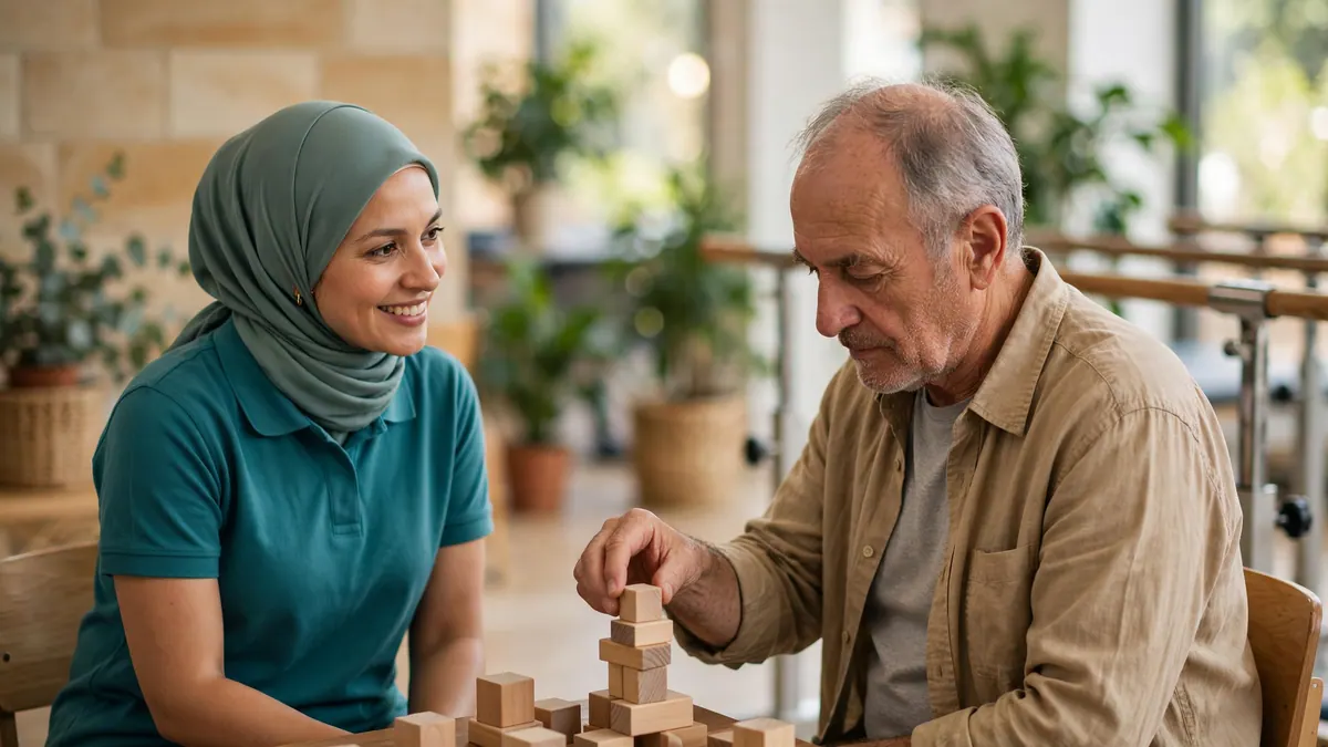 An occupational therapist in a hijab smiles as an older man stacks wooden blocks during a therapy session
