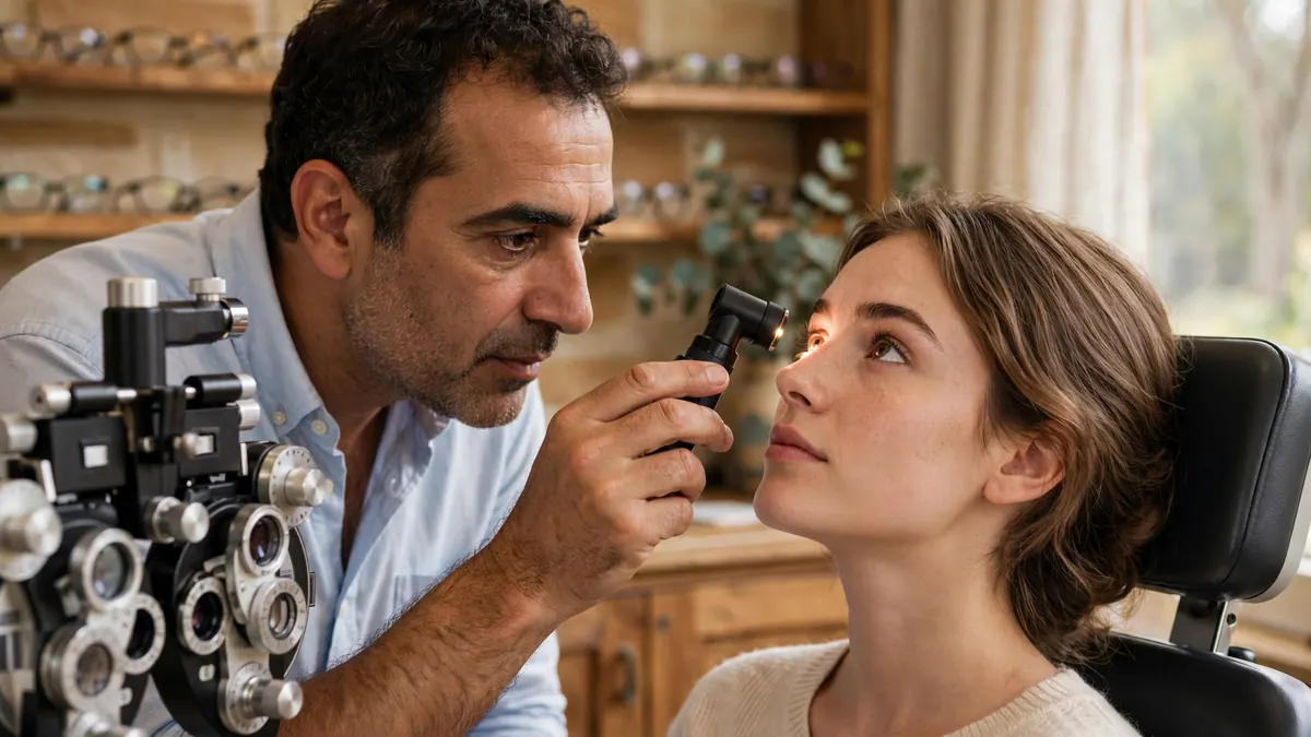 An optometrist shines a small light into a young woman's eye beside a phoropter