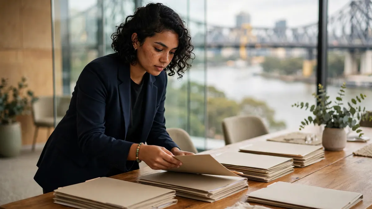 A paralegal in a navy blazer sorts stacks of folders on a long table, a river and bridge outside