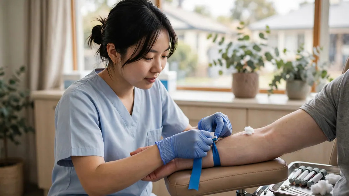 A pathology collector in pale blue scrubs and gloves ties a tourniquet on a patient's outstretched arm