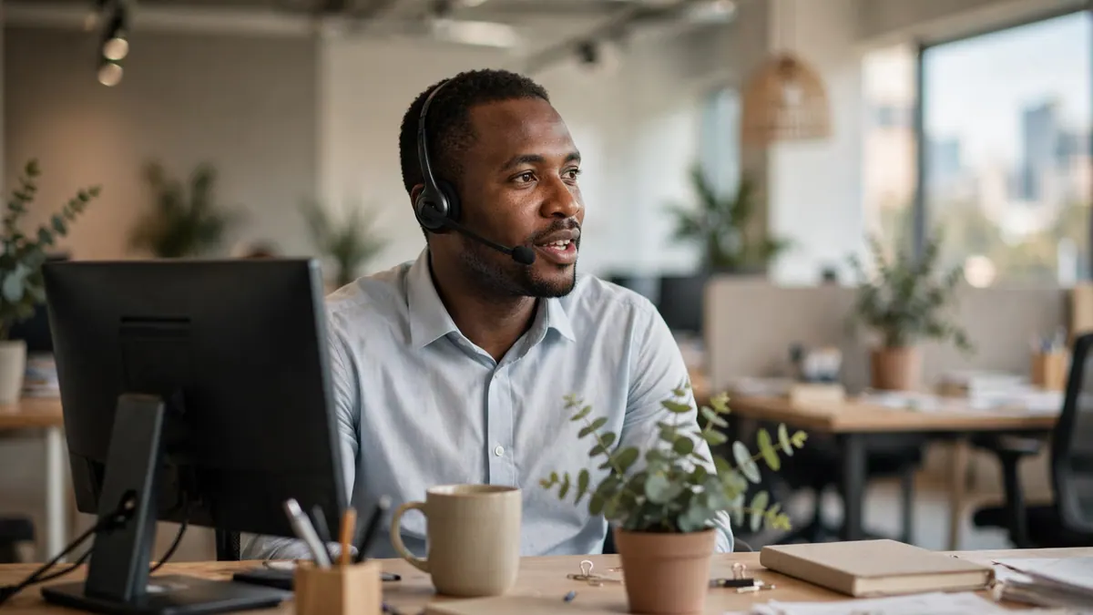 A payroll officer wearing a headset talks with a caller at his desk in a bright open-plan office
