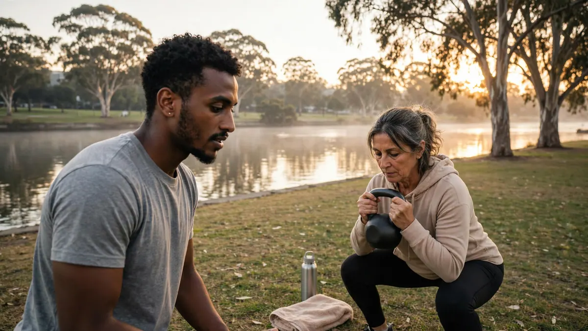 A personal trainer coaches a woman through kettlebell squats on a riverside lawn at sunrise