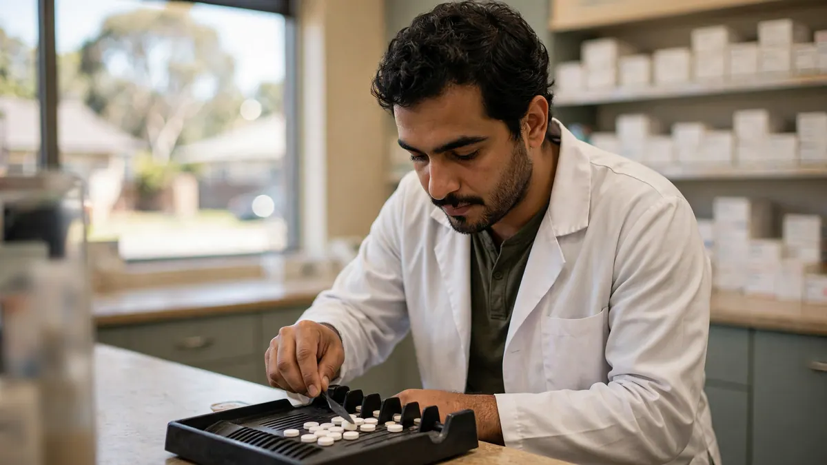 A pharmacist in a white coat counts tablets on a tray at the dispensary counter